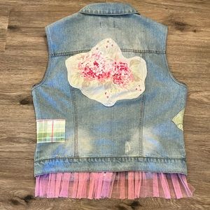 UPCYCLED Denim Boho Vest with Stitched Patches. Frayed Distressed. Size XL.